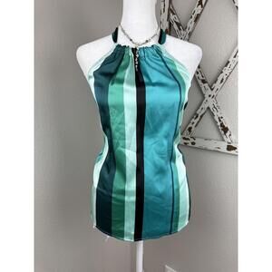Worthington Tank Top Womens Small Green Striped Satin Halter Blouse Sleeveless